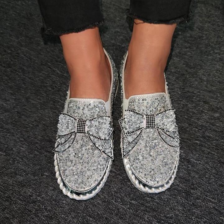 Goda Women Shining Rhinestone Slip-on Loafers with Cute Bowknot