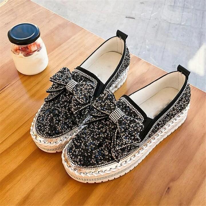 Goda Women Shining Rhinestone Slip-on Loafers with Cute Bowknot