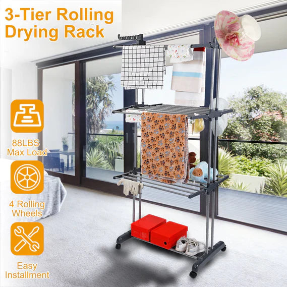 Foldable and Rolling Heavy Duty Clothes Drying Rack