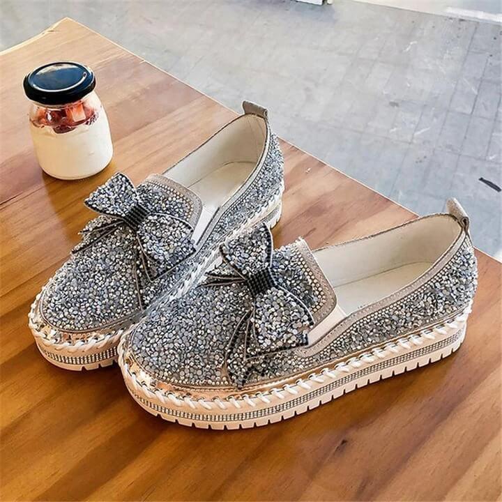 Goda Women Shining Rhinestone Slip-on Loafers with Cute Bowknot