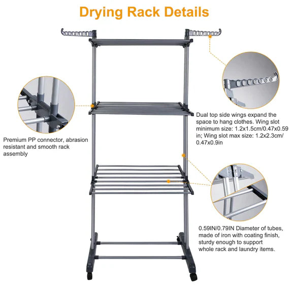 Foldable and Rolling Heavy Duty Clothes Drying Rack