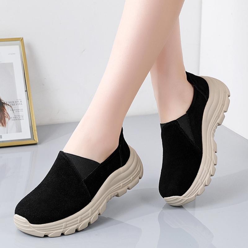 Autumn breathable leather elasticated slip on casual platform shoes