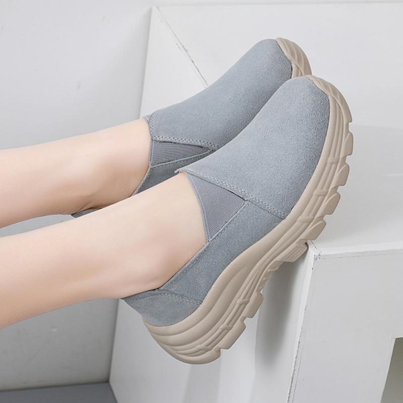 Autumn breathable leather elasticated slip on casual platform shoes