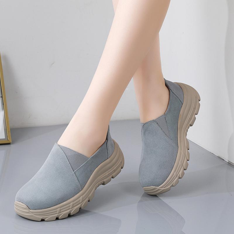 Autumn breathable leather elasticated slip on casual platform shoes