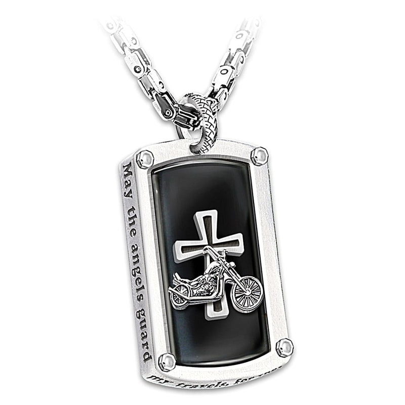 Biker's Blessing Engraved Dog Tag Pendant Necklace