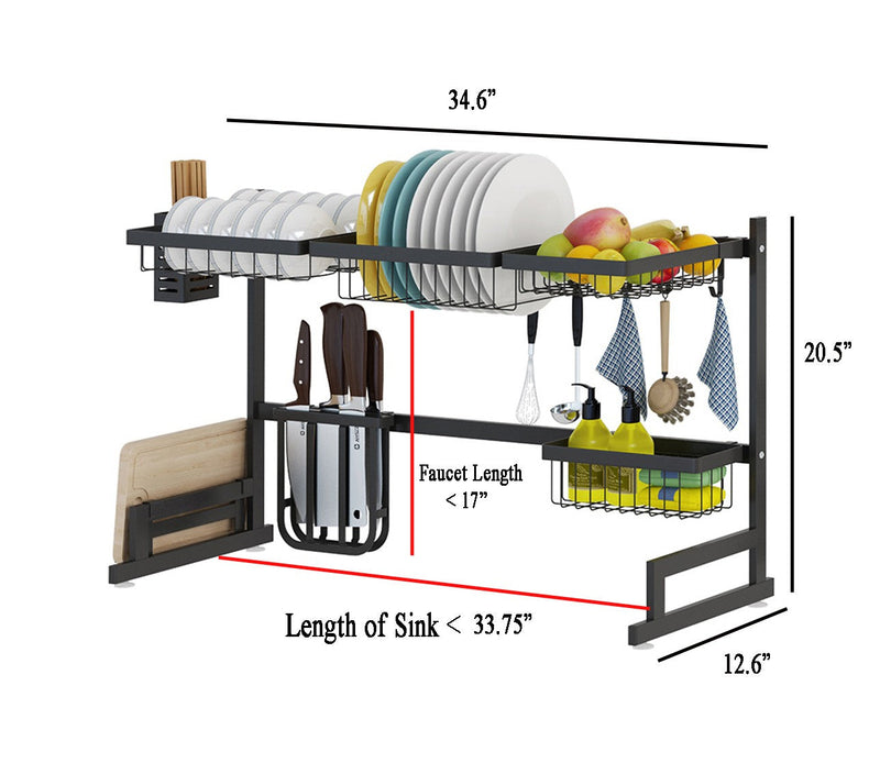 34.6" Stainless Steel Black Dish Drying Rack Over Kitchen Sink, Dishes and Utensils Draining Shelf