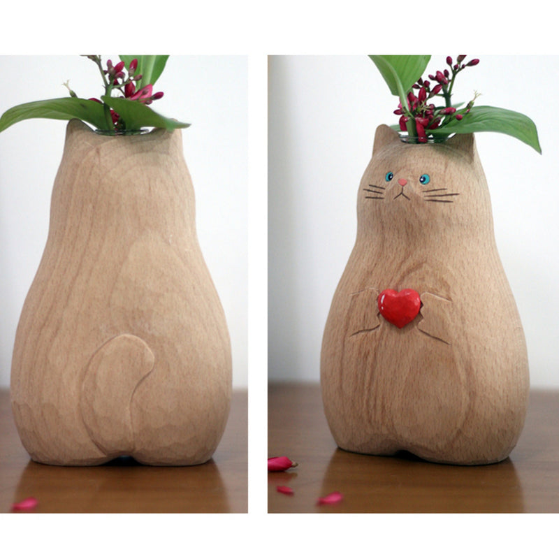 Handmade Wooden Cat Vase