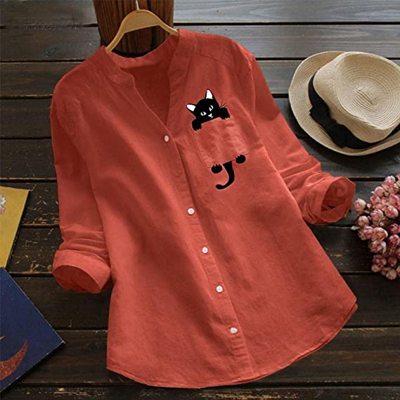 LAST DAY 49% OFF – V-neck Cotton And Cat Print Long Sleeve Blouse