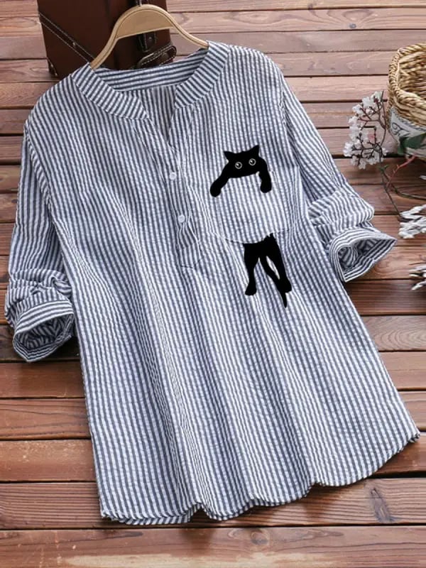 LAST DAY 49% OFF – V-neck Cotton And Cat Print Long Sleeve Blouse