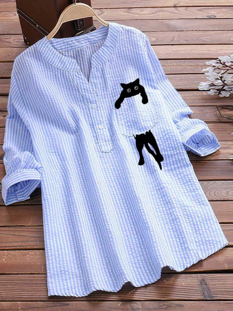 LAST DAY 49% OFF - V-neck Cotton And Cat Print Long Sleeve Blouse