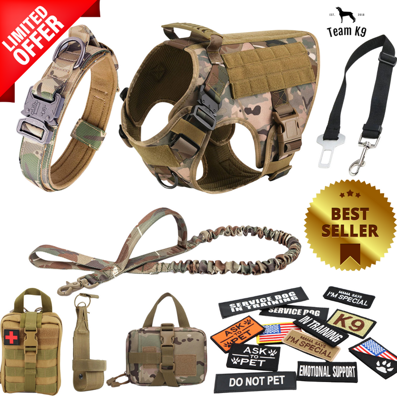 NEW Upgraded Heavy-Duty Tactical No-Pull Team K9 Dog Harness With Front & Back D-Rings, Quick-Release Metal-Buckles, Hook & Loop Panels, & Top Handle