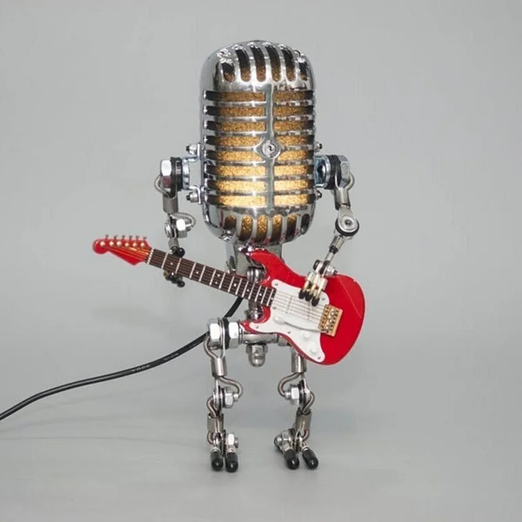 Vintage Metal Microphone Robot With Guitar Lamp