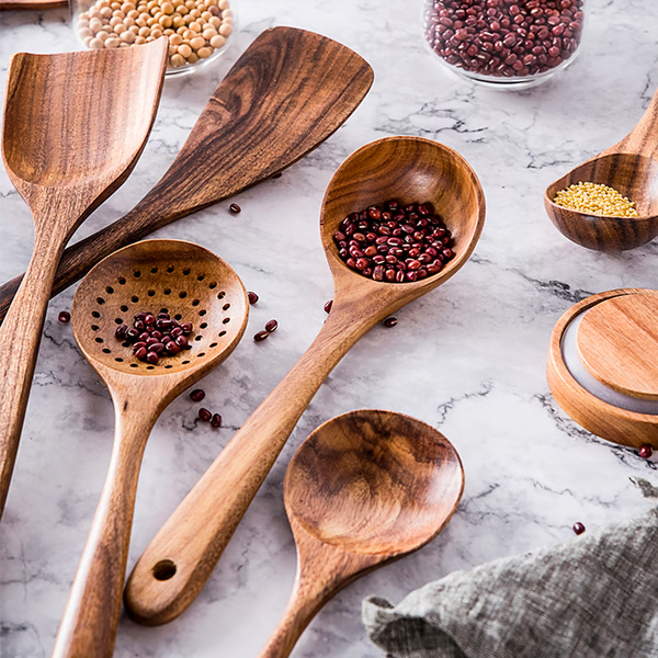 Premium Natural Teak Wood Kitchen Utensils – Eco-Friendly, Non-Toxic Cooking Spoons, Cookware for Home Everyday Use