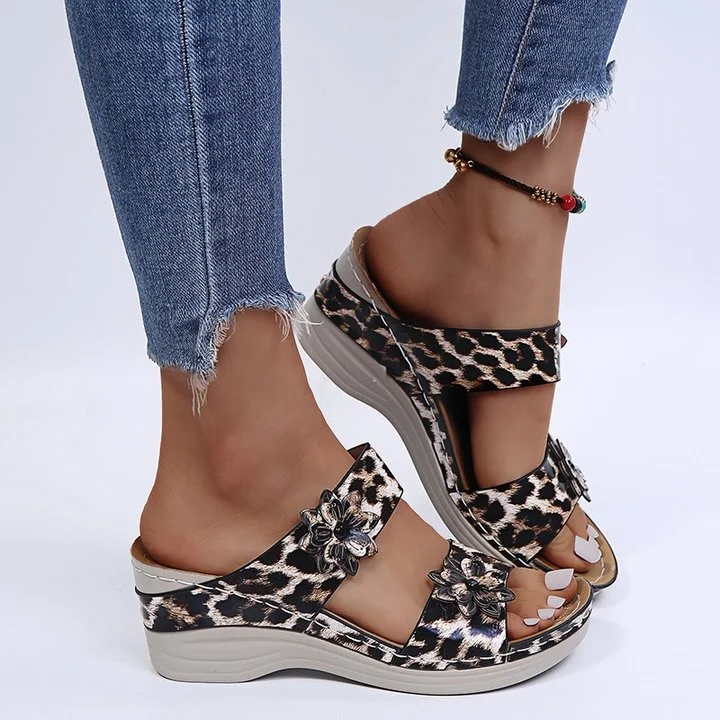 Leopard / Snake Print Orthopedic Leather Wedge Soft Sole Sandals