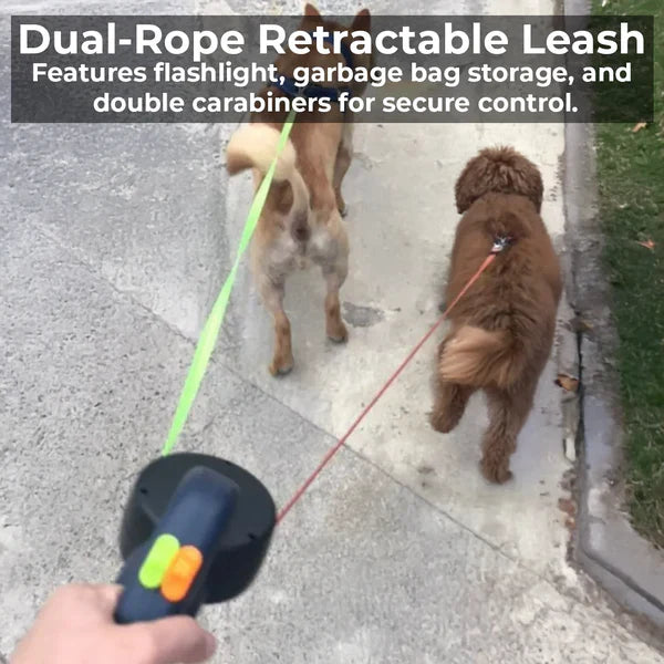 Dual Retractable Dog Leash with Flashlight & Waste Bag Holder