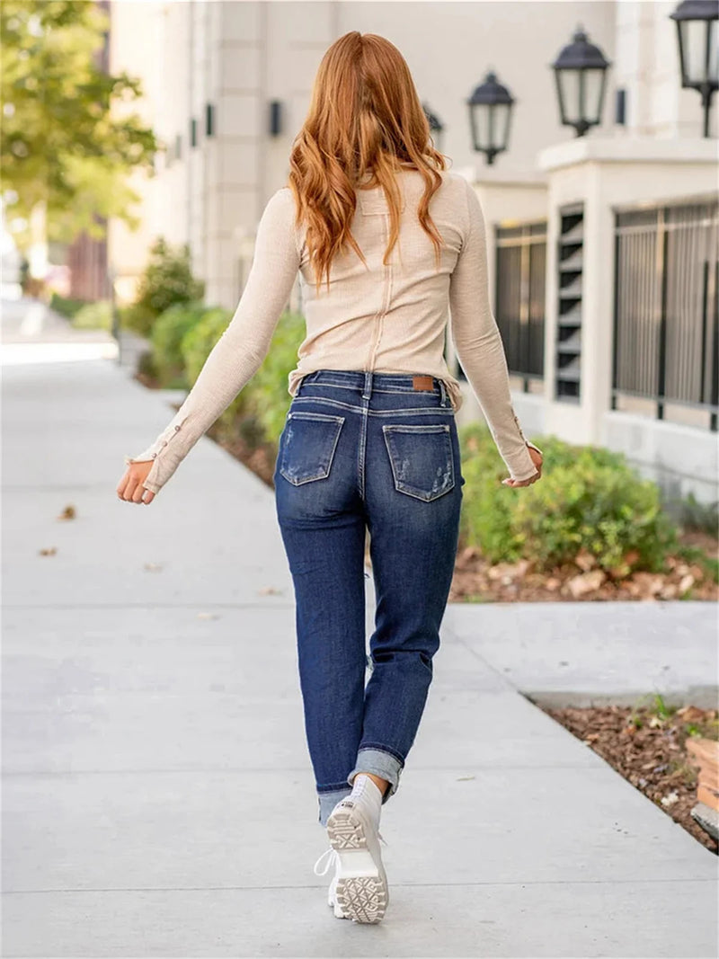 Tummy Control Distressed Cuffed Boyfriend Jean